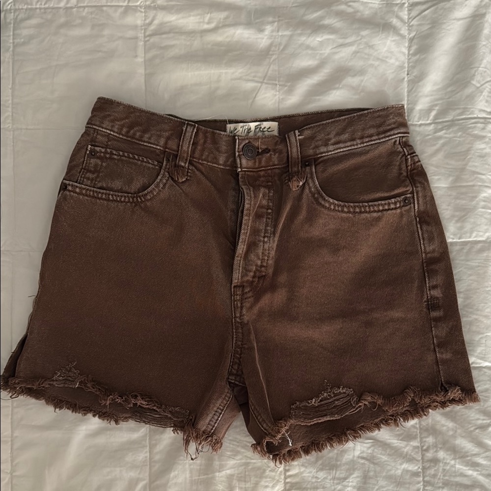 We The Free Brown Jean Shorts with Frayed Hem